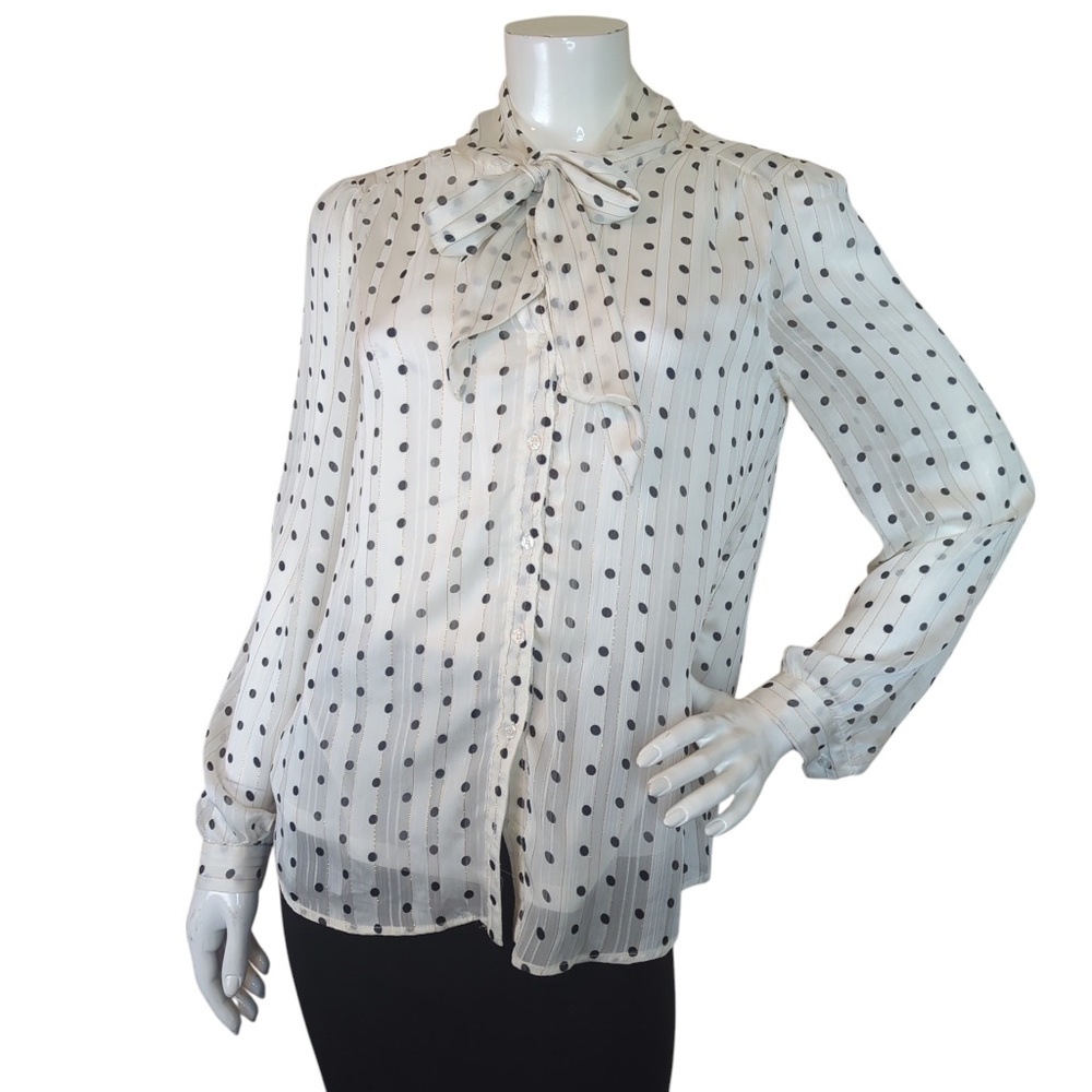 Vintage 70s Polka Dot Striped  Neck Tie Blouse Sheer Secretary Top